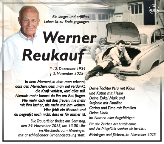 Traueranzeige von Werner Reukauf von Südthüringer Presse