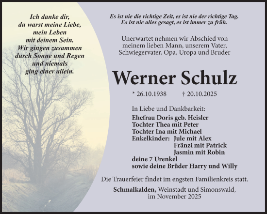 Traueranzeige von Werner Schulz von Südthüringer Presse