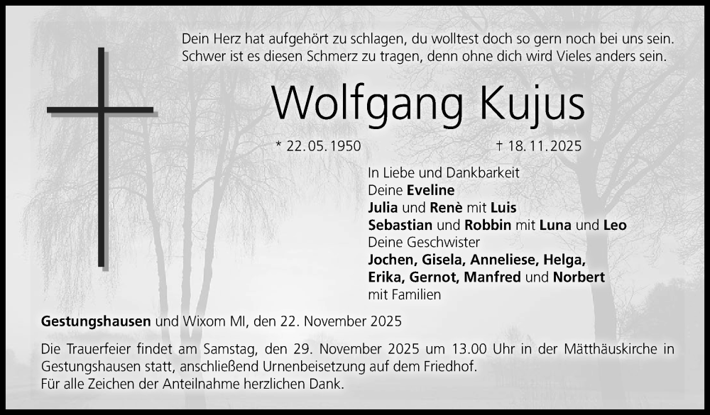  Traueranzeige für Wolfgang Kujus vom 22.11.2025 aus Neue Presse Coburg