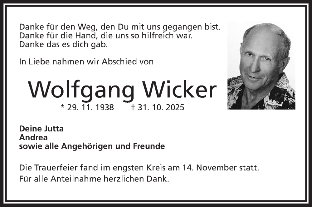  Traueranzeige für Wolfgang Wicker vom 15.11.2025 aus Frankenpost