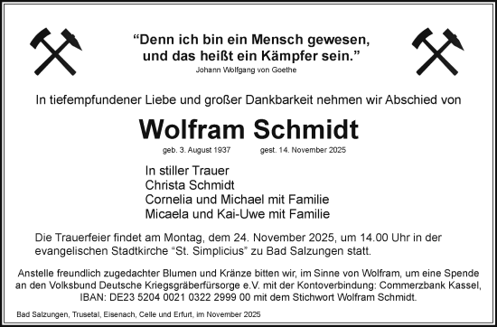 Traueranzeige von Wolfram Schmidt von Südthüringer Presse