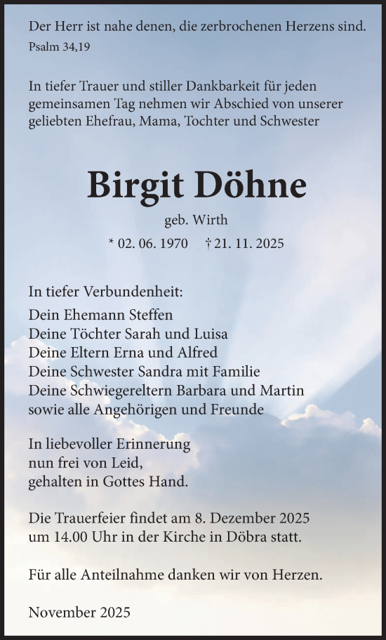 Traueranzeige von Birgit Döhne von Frankenpost