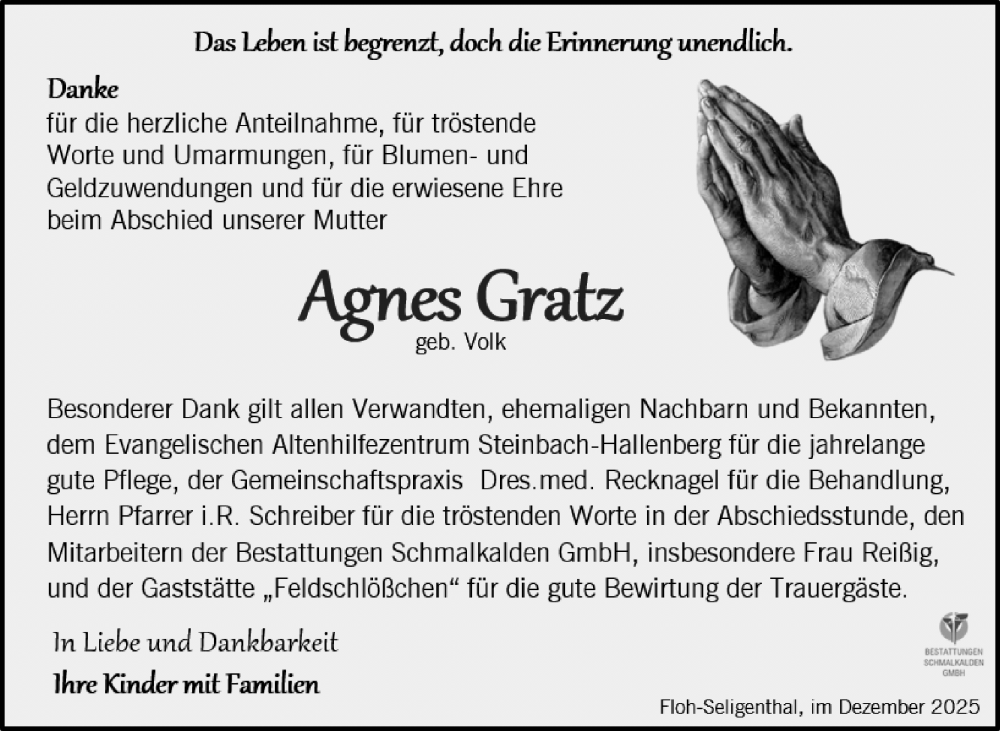  Traueranzeige für Agnes Gratz vom 20.12.2025 aus Südthüringer Presse