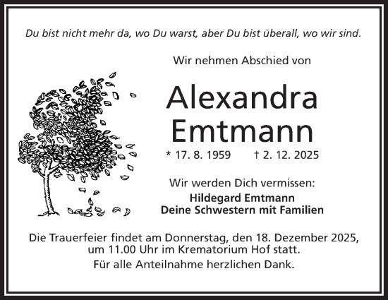 Traueranzeige von Alexandra Emtmann von Frankenpost