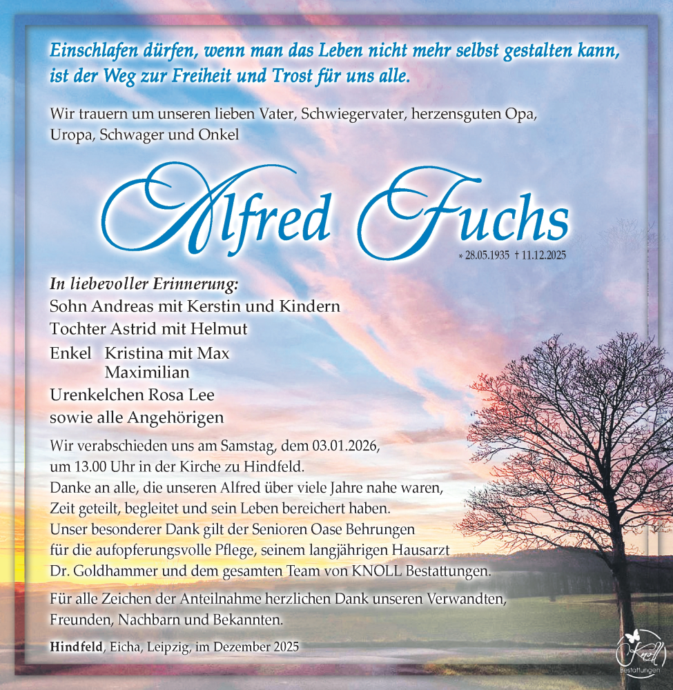  Traueranzeige für Alfred Fuchs vom 27.12.2025 aus Südthüringer Presse