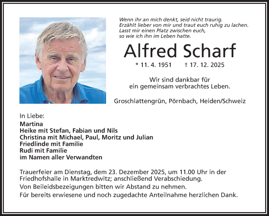Traueranzeige von Alfred Scharf von Frankenpost