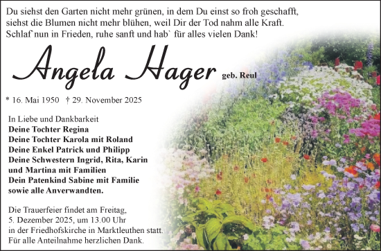 Traueranzeige von Angela Hager von Frankenpost