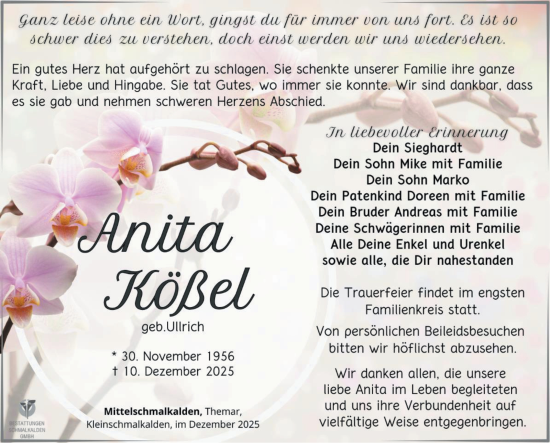 Traueranzeige von Anita Kößel von Südthüringer Presse