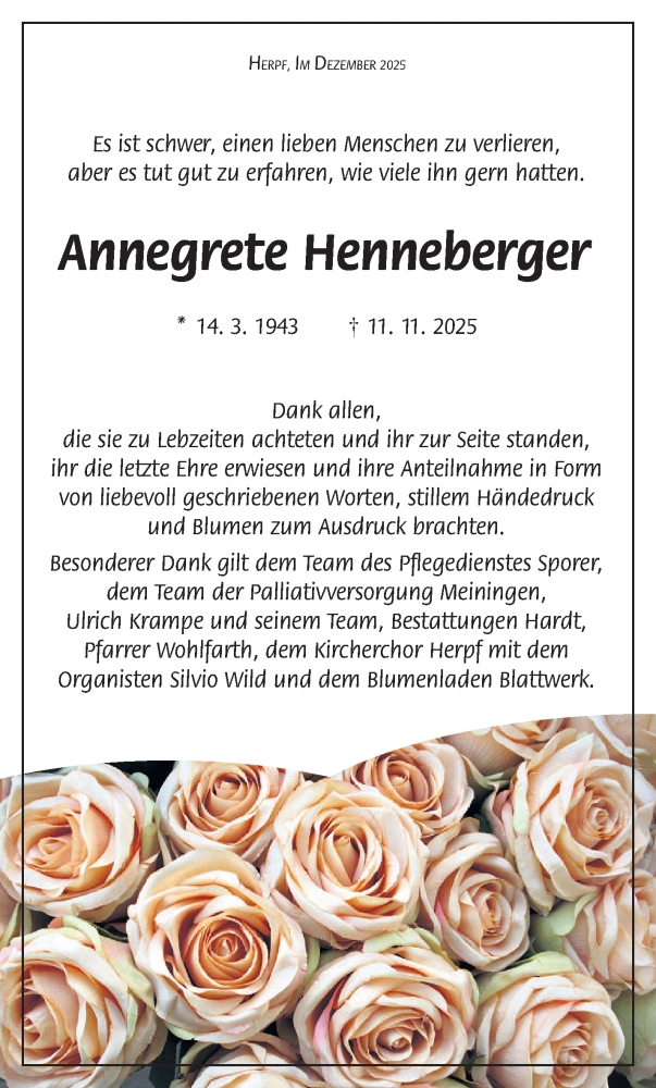  Traueranzeige für Annegrete Henneberger vom 06.12.2025 aus Südthüringer Presse