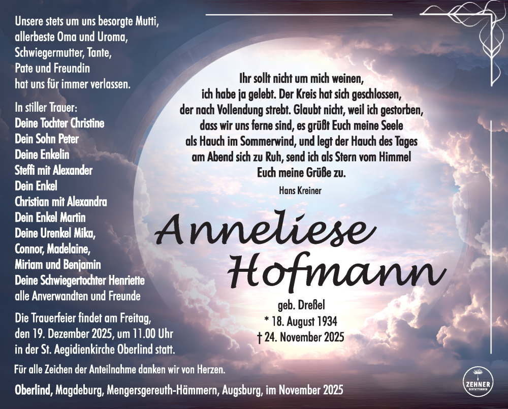  Traueranzeige für Anneliese Hofmann vom 13.12.2025 aus Südthüringer Presse