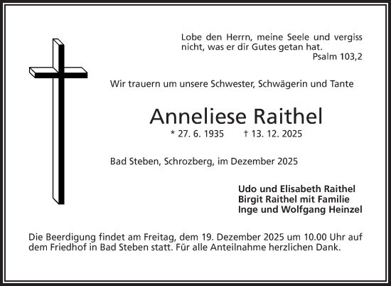 Traueranzeige von Anneliese Raithel von Frankenpost