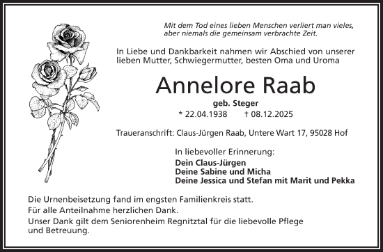 Traueranzeige von Annelore Raab von Frankenpost