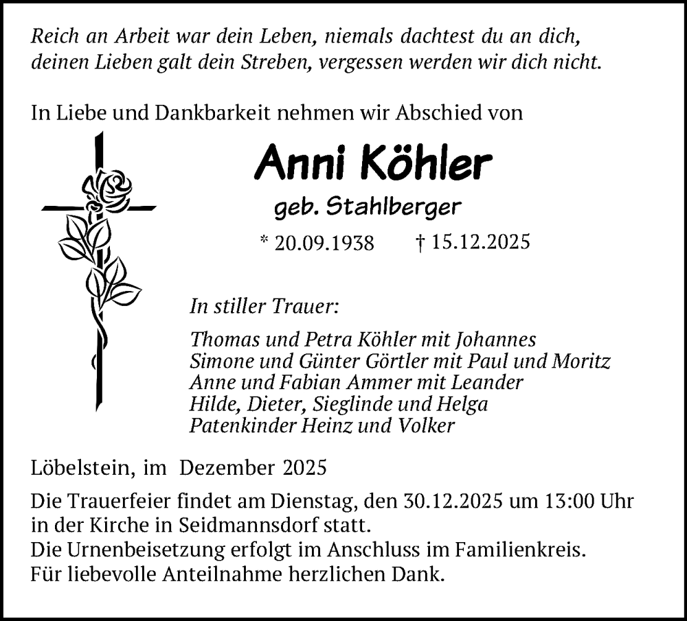  Traueranzeige für Anni Köhler vom 27.12.2025 aus Neue Presse Coburg