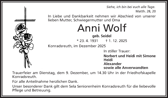 Traueranzeige von Anni Wolf von Frankenpost