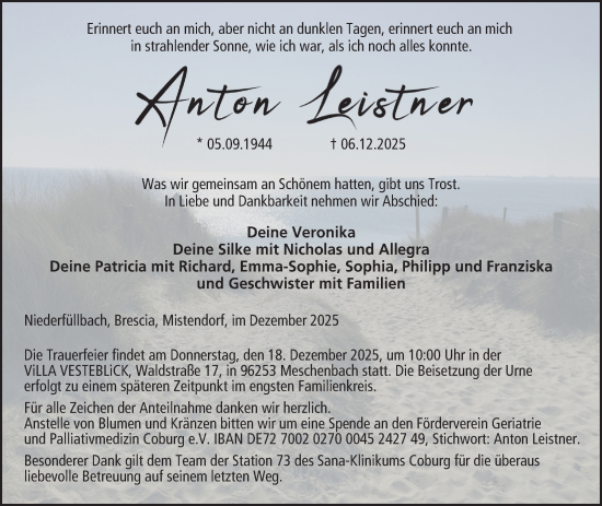 Traueranzeige von Anton Leistner von Neue Presse Coburg