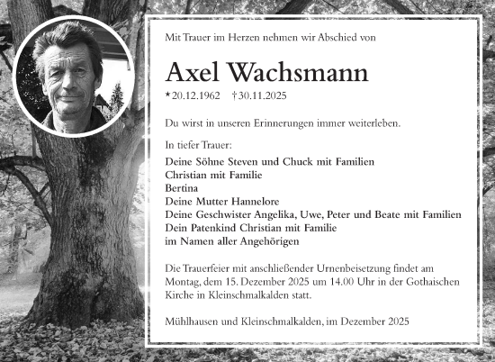 Traueranzeige von Axel Wachsmann von Südthüringer Presse