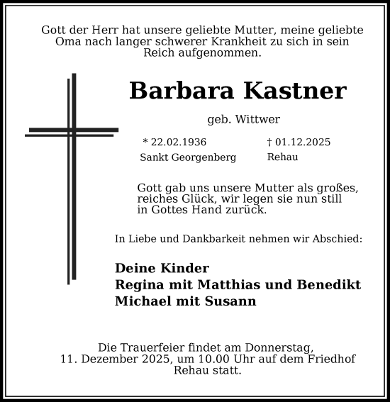 Traueranzeige von Barbara Kastner von Frankenpost