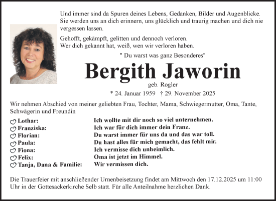 Traueranzeige von Bergith Jaworin von Frankenpost