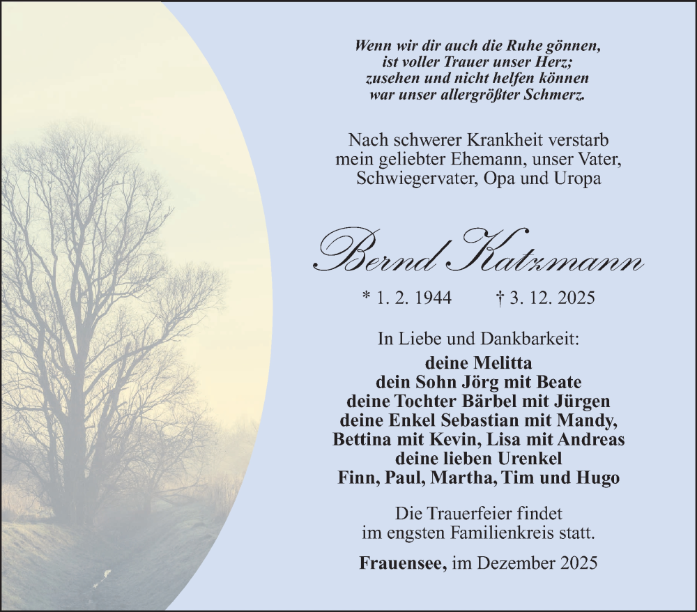  Traueranzeige für Bernd Katzmann vom 20.12.2025 aus Südthüringer Presse
