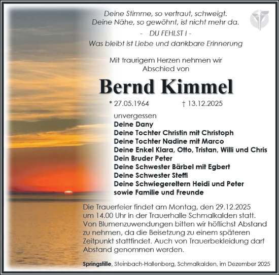 Traueranzeige von Bernd Kimmel von Südthüringer Presse