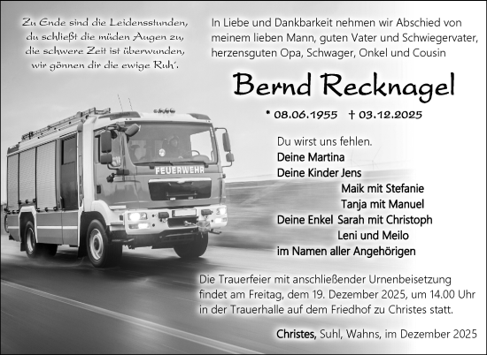 Traueranzeige von Bernd Recknagel von Südthüringer Presse