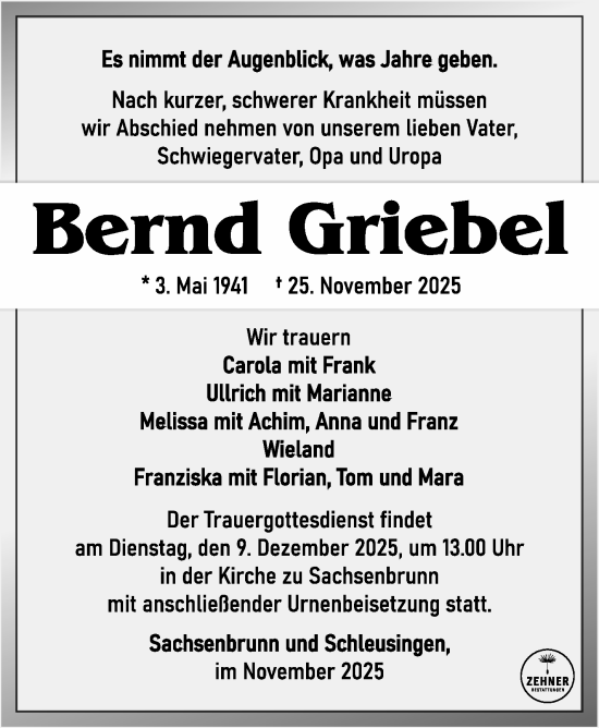 Traueranzeige von Bernhard Griebel von Südthüringer Presse