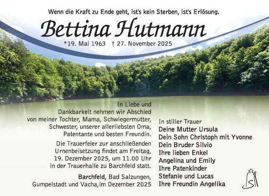Traueranzeige von Bettina Hutmann von Südthüringer Presse