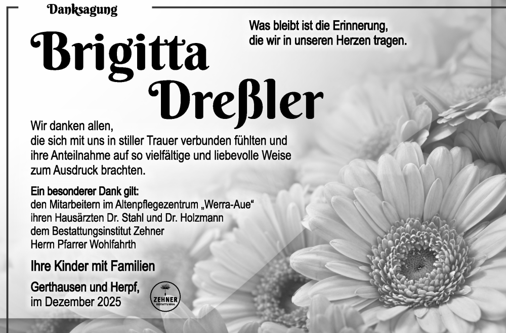  Traueranzeige für Brigitta Dreßler vom 13.12.2025 aus Südthüringer Presse