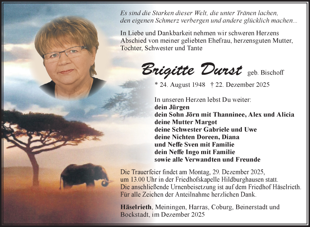  Traueranzeige für Brigitte Durst vom 24.12.2025 aus Südthüringer Presse
