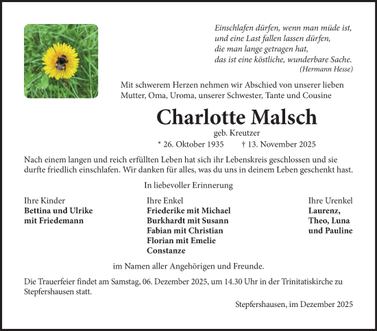 Traueranzeige von Charlotte Malsch von Südthüringer Presse