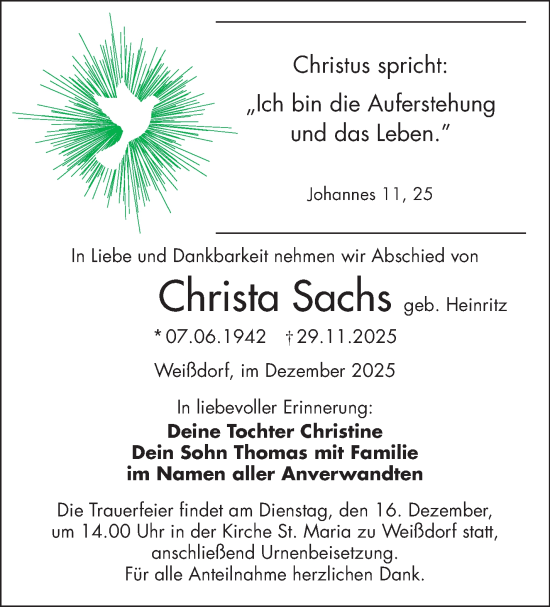Traueranzeige von Christa Sachs von Frankenpost