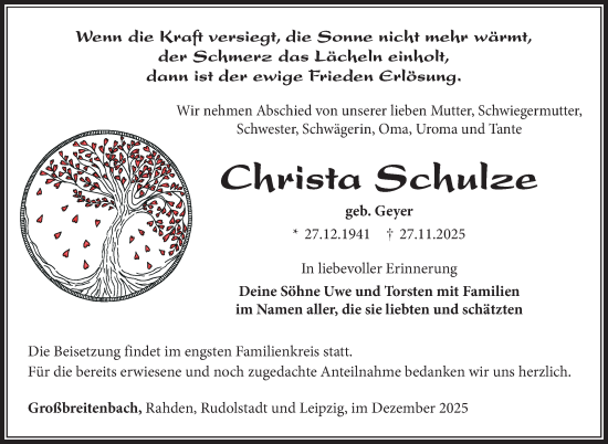 Traueranzeige von Christa Schulze von Südthüringer Presse