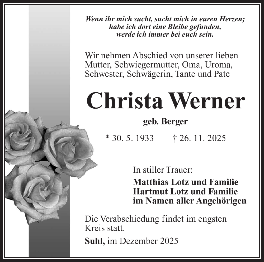  Traueranzeige für Christa Werner vom 06.12.2025 aus Südthüringer Presse