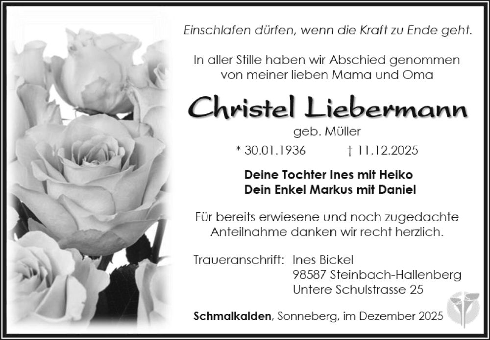  Traueranzeige für Christel Liebermann vom 20.12.2025 aus Südthüringer Presse