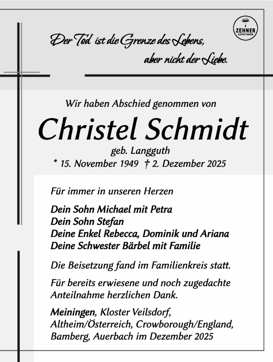 Traueranzeige von Christel Schmidt von Südthüringer Presse