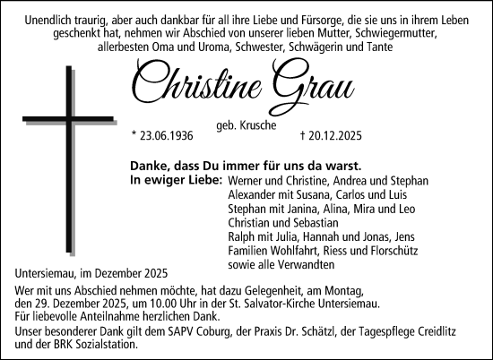Traueranzeige von Christine Grau von Neue Presse Coburg
