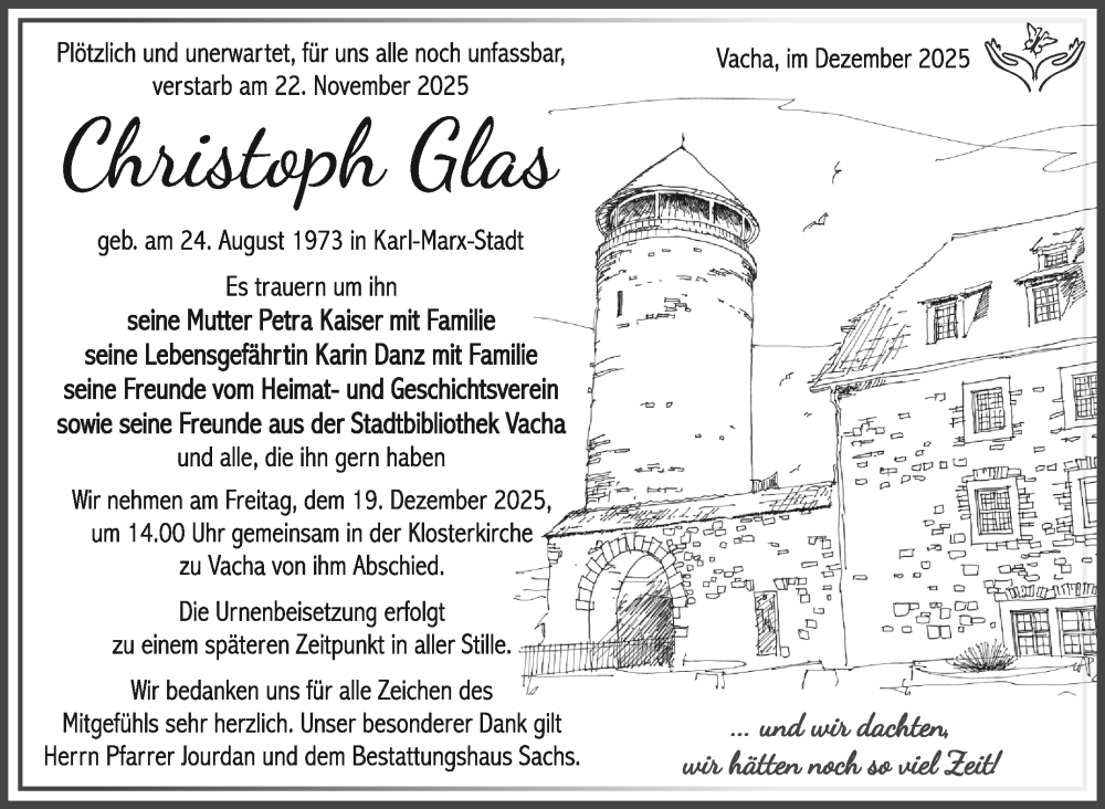  Traueranzeige für Christoph Glas vom 13.12.2025 aus Südthüringer Presse
