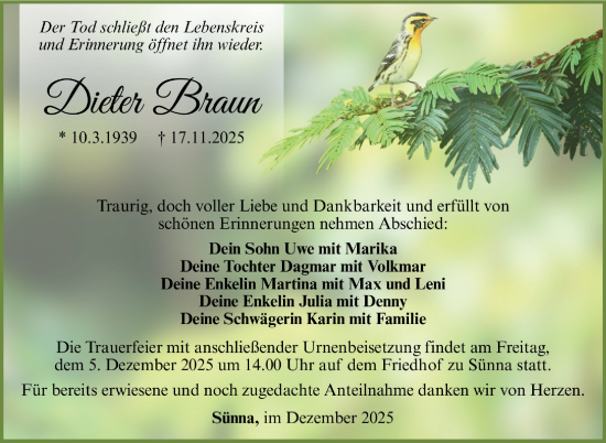 Traueranzeige von Dieter Braun von Südthüringer Presse