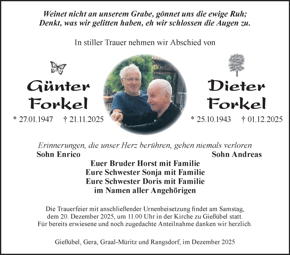  Traueranzeige für Dieter Forkel vom 13.12.2025 aus Südthüringer Presse
