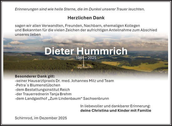 Traueranzeige von Dieter Hummrich von Südthüringer Presse