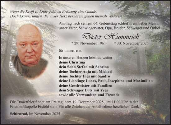 Traueranzeige von Dieter Hummrich von Südthüringer Presse