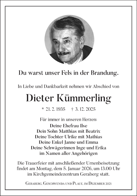 Traueranzeige von Dieter Kümmerling von Südthüringer Presse