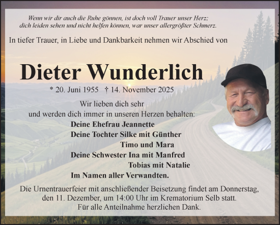 Traueranzeige von Dieter Wunderlich von Frankenpost