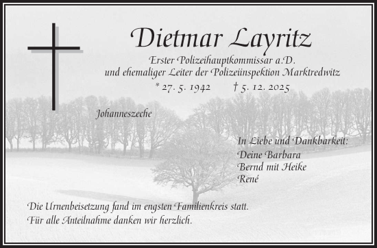 Traueranzeige von Dietmar Layritz von Frankenpost