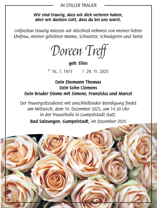 Traueranzeige von Doreen Treff von Südthüringer Presse