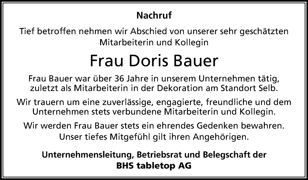  Traueranzeige für Doris Bauer vom 02.12.2025 aus Frankenpost