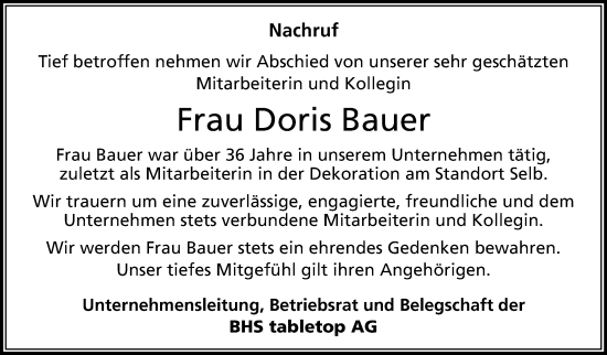 Traueranzeige von Doris Bauer von Frankenpost