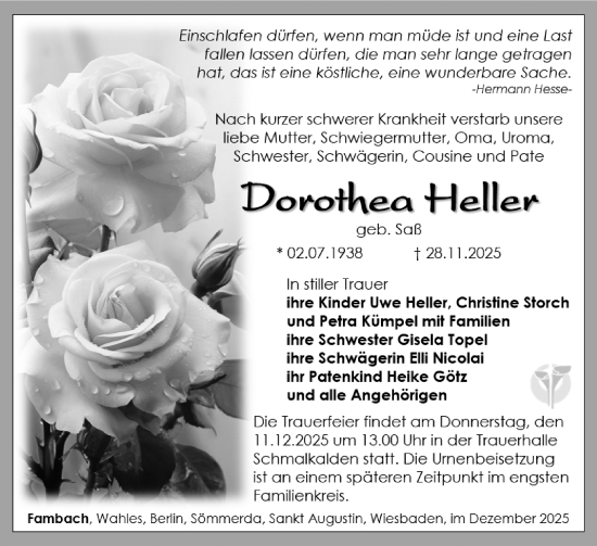 Traueranzeige von Dorothea Heller von Südthüringer Presse