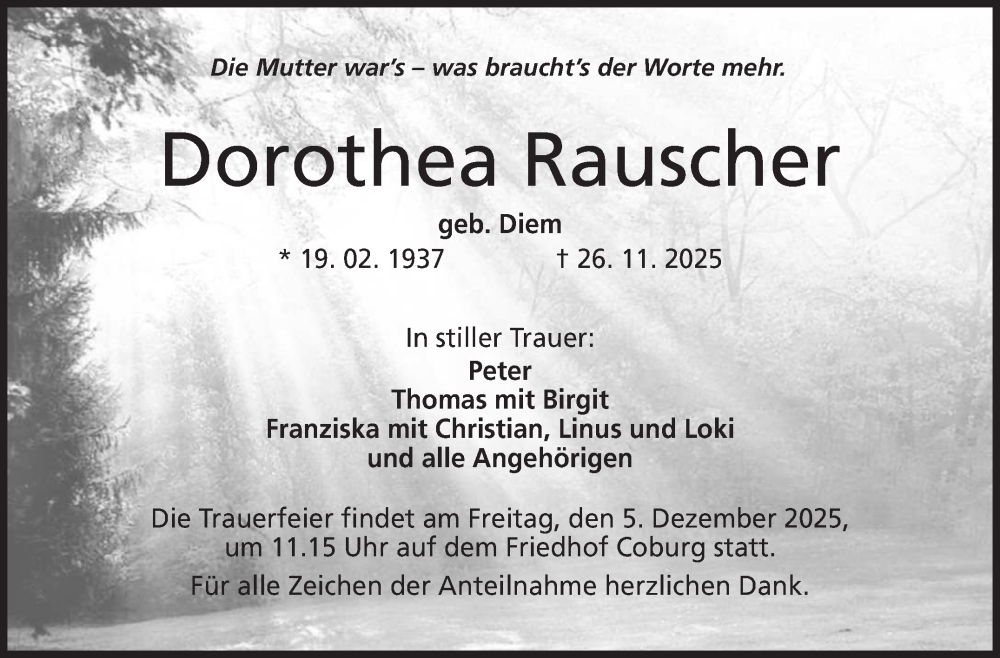  Traueranzeige für Dorothea Rauscher vom 03.12.2025 aus Neue Presse Coburg