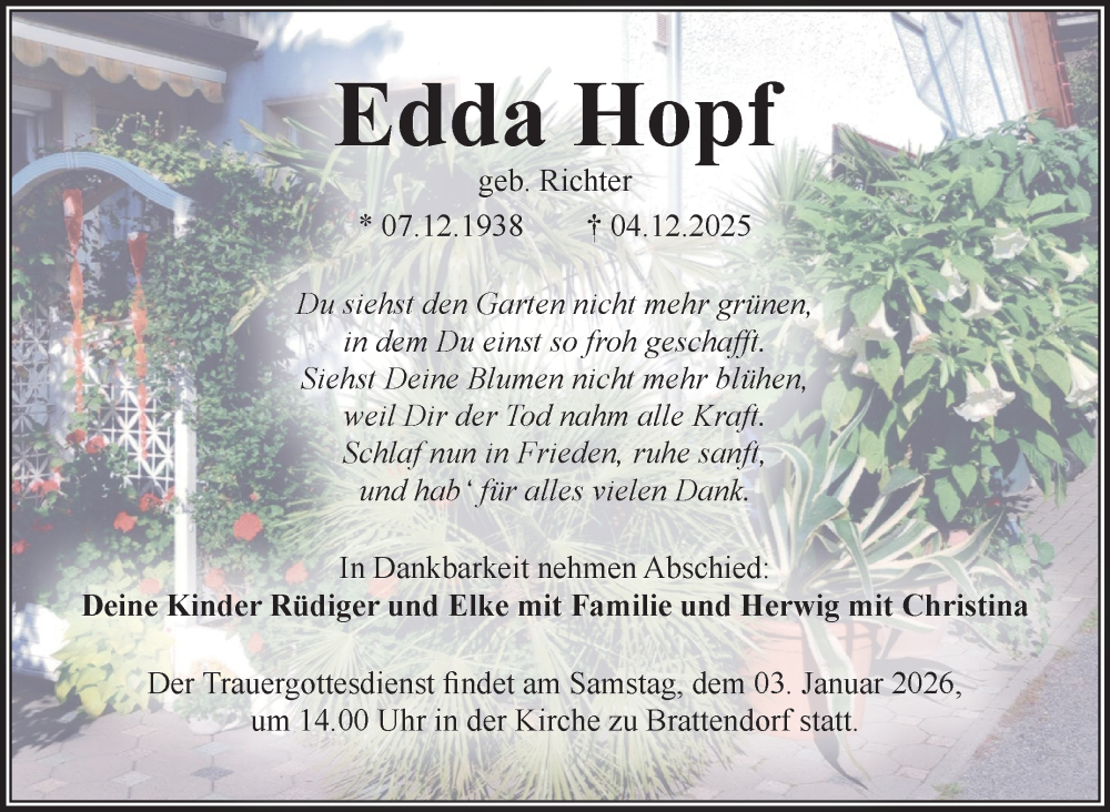  Traueranzeige für Edda Hopf vom 20.12.2025 aus Südthüringer Presse